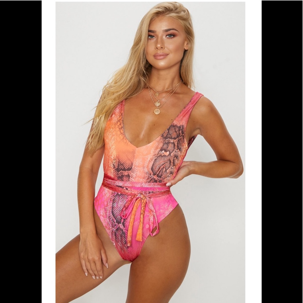 PRETTYLITTLETHING Pink Reptile Tie Waist 1p Bathing Swim Suit Size 2 EUC